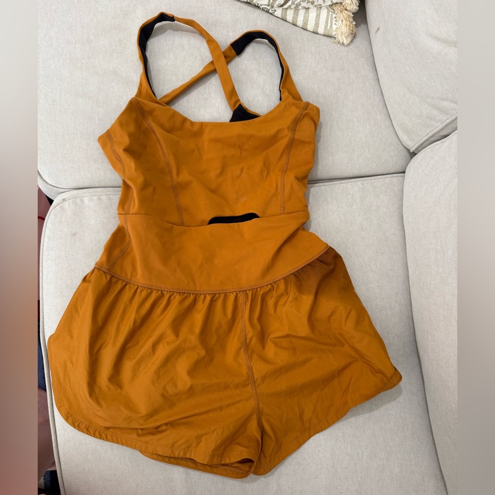 FP Movement by Free People Rust Orange Active Romper with Crisscross Straps